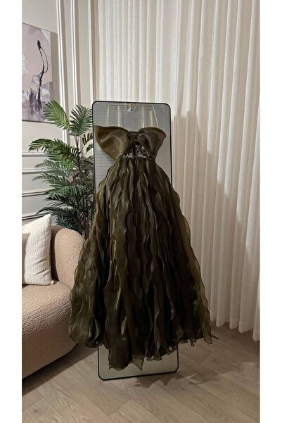 FASHION Luxurious Olive Green Off-Shoulder Dress with Shimmering Beading and ...