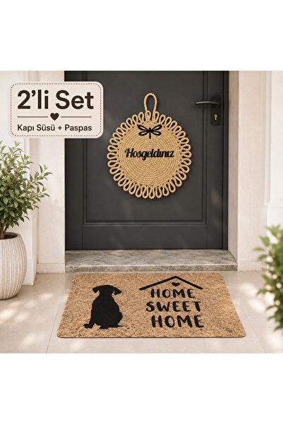 BERT Home Sweet Home Dijital Baskılı Kapı Paspası ve Doğal Hasır Jüt Kapı Süs...