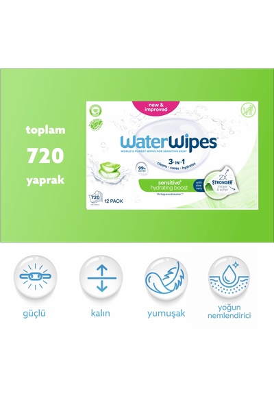 WaterWipes Sensitive+ Yoğun Nem Takviyeli Islak Mendil 12x60 Adet (720 Yaprak...