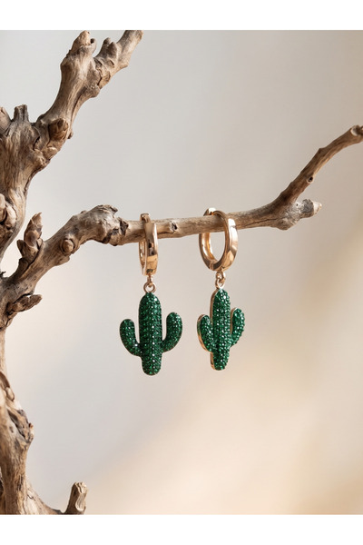 GKCBijoux Rose Gold Çelik Küpe Yeşil Kaktüs Figürlü Kararmaz Sallantılı Halka...