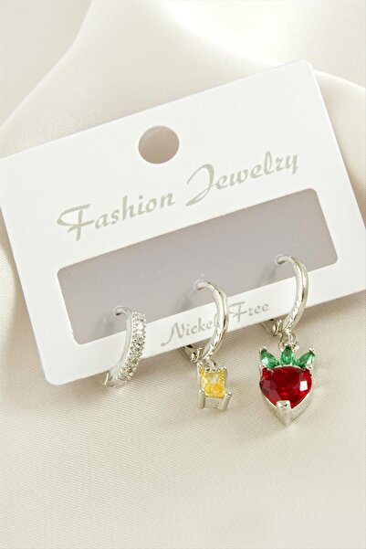 ZERO LAND Ilkestor 3 Pieces Heart Zircon Stone (15735) Earrings-Silver Color
