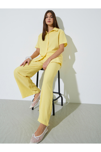 Styli Yellow Linen-Look Shirt and Wide Leg Pants Co-Ord Set