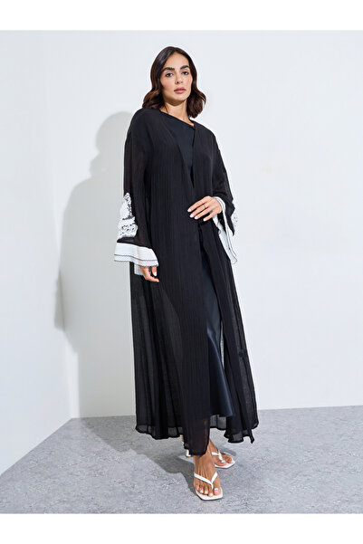 Amirah By Styli Black Plisse Lace Sleeves Front Open Abaya