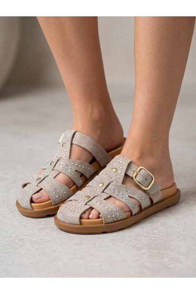 Rüya Shoes شبشب من الجلد الطبيعي بتفاصيل حجرية يومية الطراز