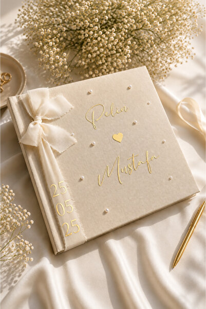 Norm Design Kurdeleli Ve İncili İsme Özel Krem Keten Anı Defteri, Nikah Nişan...