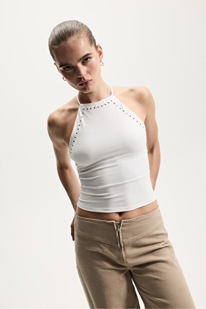 LEFTIES Zımbalı drape halter yaka top