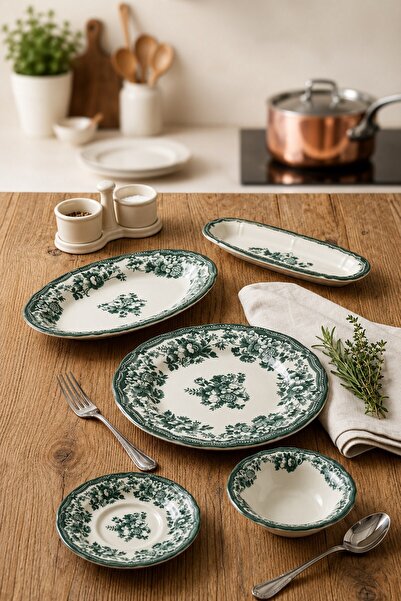 PORSER Porselen Velour Green Fulya Kahvaltı Seti 6 Kişilik 20 Parça