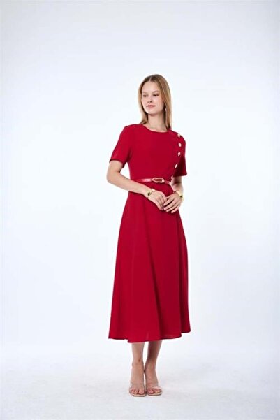 Dipmoda Women's Red Button Detailed Belted Midi Length Dress Dpmy4077