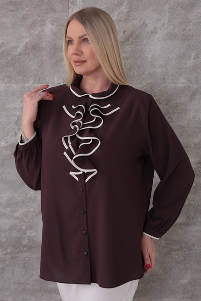 KİFAYET Plus Size Ruffled High Collar Long Sleeve Solid Color Classic Evening Dress Stylish Women's Shirt