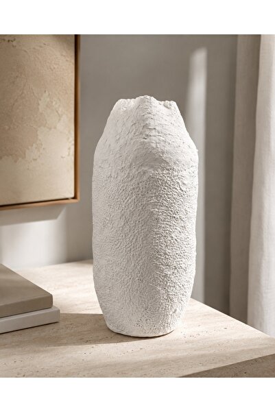 MAHLVGA El Yapımı Dekoratif Vazo | Beyaz | Organik Form | Kırık Ağızlı | 40 cm