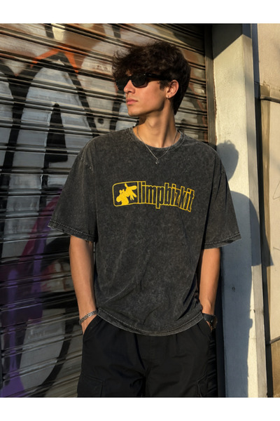 Chirkef Unisex Black Oversize 100% Cotton Back and Front Printed Crew Neck Street Style T-Shirt Limpbizkit