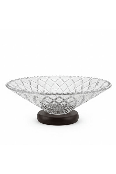 AKDC Crystal Diamond-Cut Glass Fruit Bowl with Wooden Base - 25×10 cm