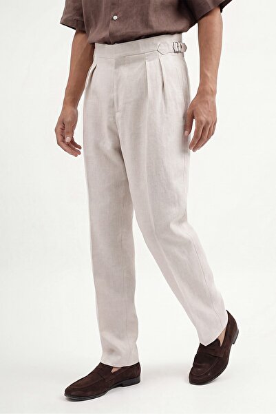 Antioch Stone 100% Linen Double Pleated Trousers