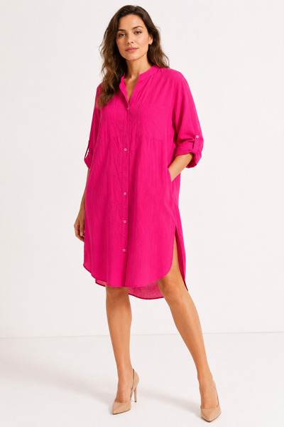 MADE İN ITALY Fuchsia Oversize Shirt Dress with Stand Collar, Pockets and But...