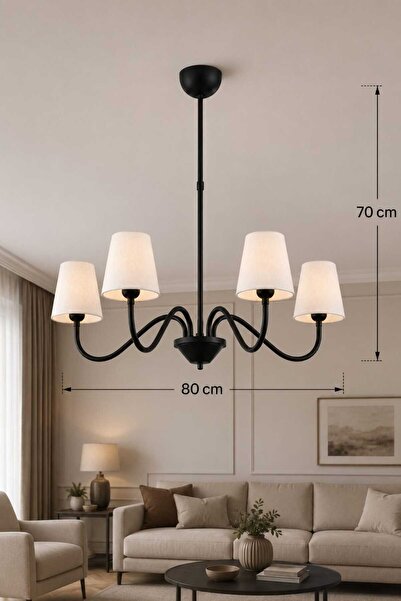 BSA LIGHTING MİRA 4'LÜ SİYAH MODERN AVİZE (KREM KONİK ABAJURLU) E27 DUYLU KLA...
