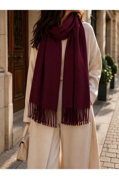 EveryScarf Burgundy Plain Long Fringed Crepe Boucle Soft Textured Scarf