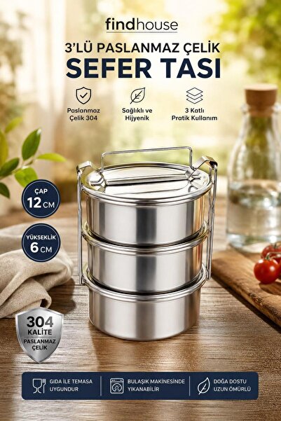 findhouse 304 Paslanmaz Çelik 3 Katlı Sefer Tası Taşımalı Yemek Kabı 12x6cm B...
