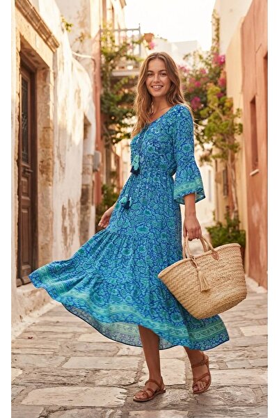 moda gk Boncuk/Nakış Detaylı Parlak Desenli Bohem Pamuk/İpek Elbise