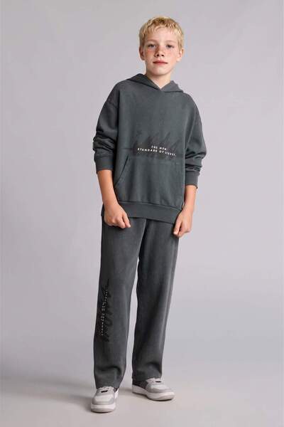 DeFacto Loose Fit Washed Effect Cotton Printed Gray Sweatpants for Boys I0680...