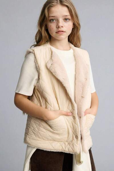 DeFacto Double-Sided Plush Pocketed Beige Vest for Girls A2438A823Au