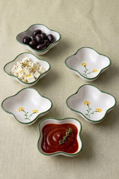 evcime El Yapımı El Boyaması Sarı Çiçek Desenli Yonca Model 6'lı Seramik Sosluk & Reçellik & Çerezlik ve Kahvaltı Sunumluk - Yeşil Kenarlı