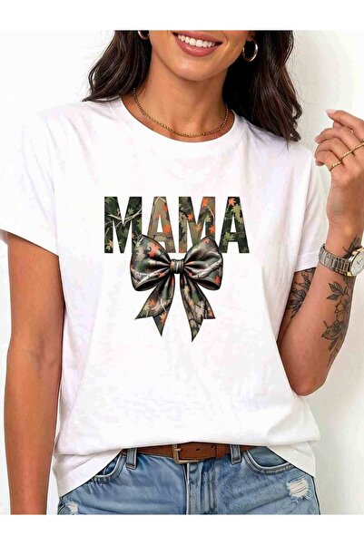799 MAMA Women'S White Short Sleeve T-Shirt Cozy Family Style Top