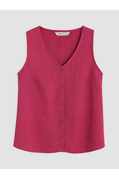 LC Waikiki Fuchsia V-Neck Ribbed Blouse