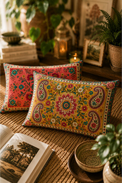 SasoHome Boho Floral Mandala Desenli 2'li Dekoratif Dikdörtgen Kırlent Kılıfı 35x55