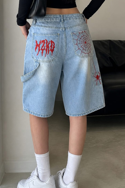 GRİİ WEAR شورت برمودا من الدنيم الفضفاض بطبعة عنكبوت للجنسين