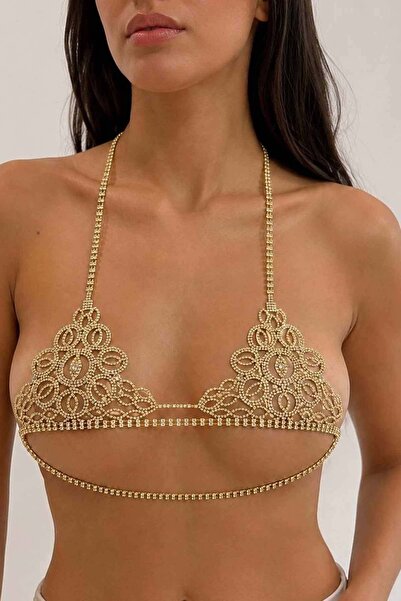 TAKIŞTIR Altın Renk Taş Detaylı Bikini Üstü /Bralet /Vücut Aksesuarı