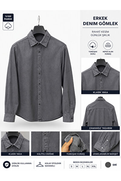 Genel Markalar Erkek Füme Denim Görünümlü Uzun Kollu Gömlek – Regular Kalıp –...
