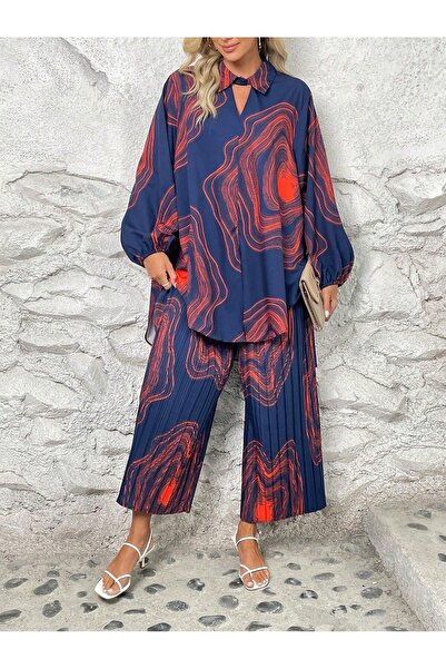 NO BRAND Set pantaloni plisați, bluză oversize, bleumarin, roșu, Toppies, S