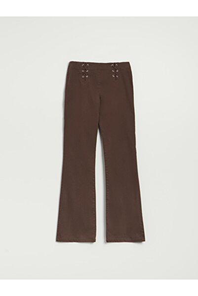 NO BRAND Pantaloni lungi din bumbac maro, stil evazat, cu șnururi netede, Hou...