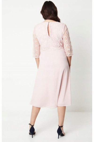 NO BRAND Rochie roz pal, cu imperfecțiuni, cu mânecă 3/4, din dantelă, mărime...