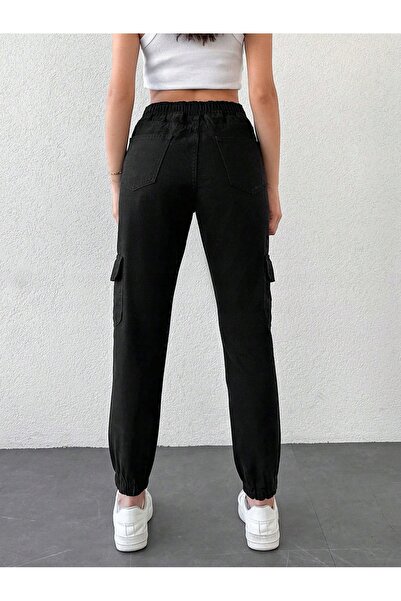 NO BRAND Pantaloni Combat Jeans Negri Talie Înaltă Conici Pocket Shein 36