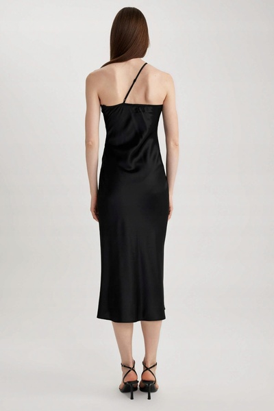 NO BRAND Rochie neagră din satin neted, asimetrică, midi, cu șliț, defacto 42