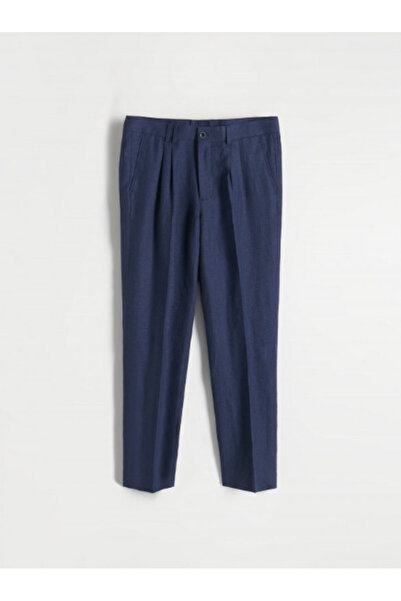 NO BRAND Pantaloni lungi clasici bleumarin, stil morcov, din in și bumbac, cu...
