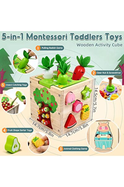 NO BRAND Cub de activități educativ Montessori din lemn 5 în 1 pentru copii, ...