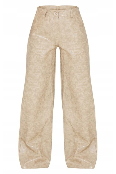 NO BRAND Pantaloni bej din piele ecologică, cu imprimeu animal, croială dreap...