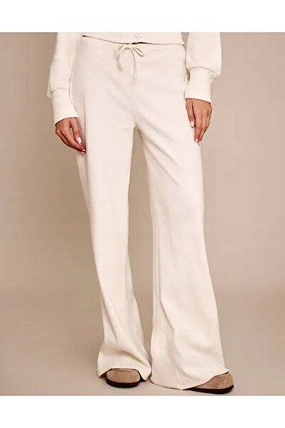 NO BRAND Pantaloni tricotati ecru cu dungi, croială largă, Prettylittlething 42