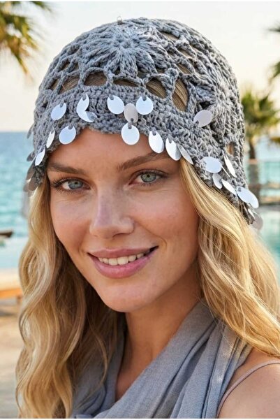 Mood Agenda Women's Sequin Decorated Knitted Beanie with Mesh Texture Bohemia...