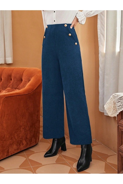 NO BRAND Pantaloni din tweed albastru ciel, largi, cu talie înaltă, cu nastur...