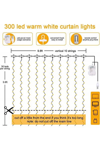 NO BRAND Perdea luminoasă LED 3x3M, 300 LED-uri, 8 moduri, cu telecomandă, te...