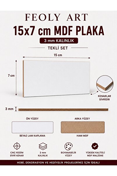 Feoly Art MDF - 15x7cm Beyaz Lam MDF Plaka | 3mm / 1 Adet | İsimlik, Masa Num...