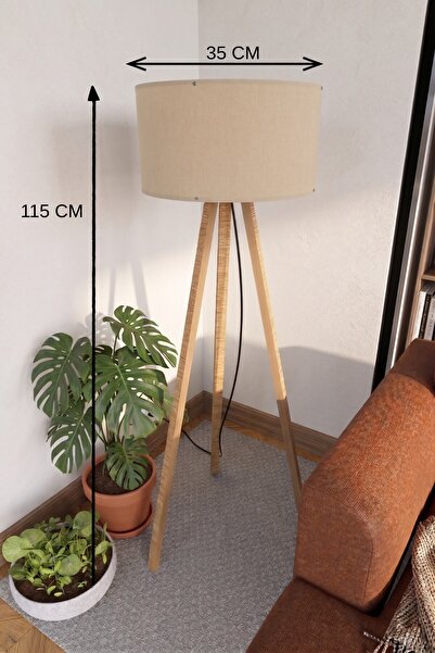sylar 3 Ayaklı Tripod Lambader Bej Kumaş Başlık
