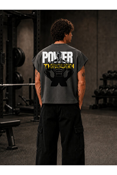 EVIus تي شيرت GYM Sporcu Power Through مطبوع بمقاس كبير وقصة مربعة بدون أكمام...