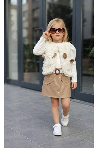 PALLERMO KİDS 3-Piece Set with Leather Skirt for Girls