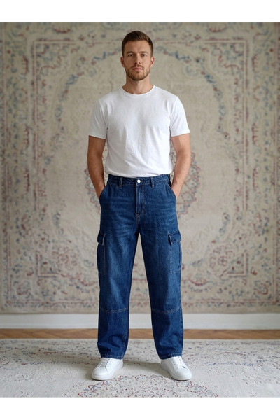 Finelook Men’s Relaxed Fit Denim Cargo Pants – Utility Wide-Leg Medium Wash J...
