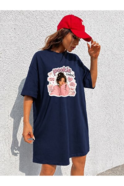 classy moda Γυναικείο εξαιρετικά μακρύ, υπερμεγέθες μπλουζάκι με στάμπα και σ...