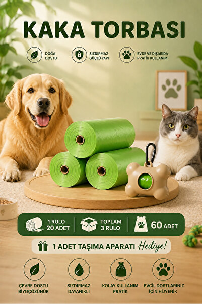 Store Kedi köpek kaka torbası | 3 rulo | 60 adet | 1 adet taşıma aparatı hediye